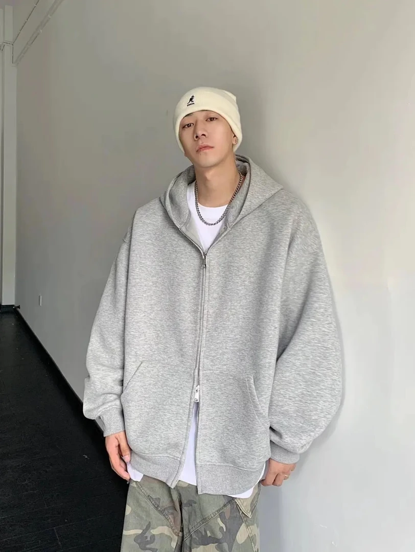 重磅潮牌时尚痞帅休闲简约灰色卫衣外套男秋冬宽松百搭双拉链开衫