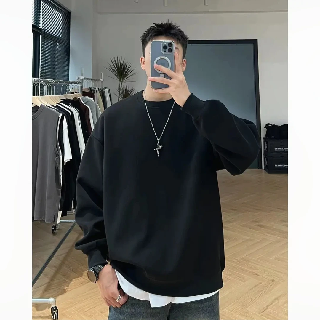 美式重磅潮牌痞帅宽松休闲百搭套头圆领卫衣男秋冬季内搭纯色上衣