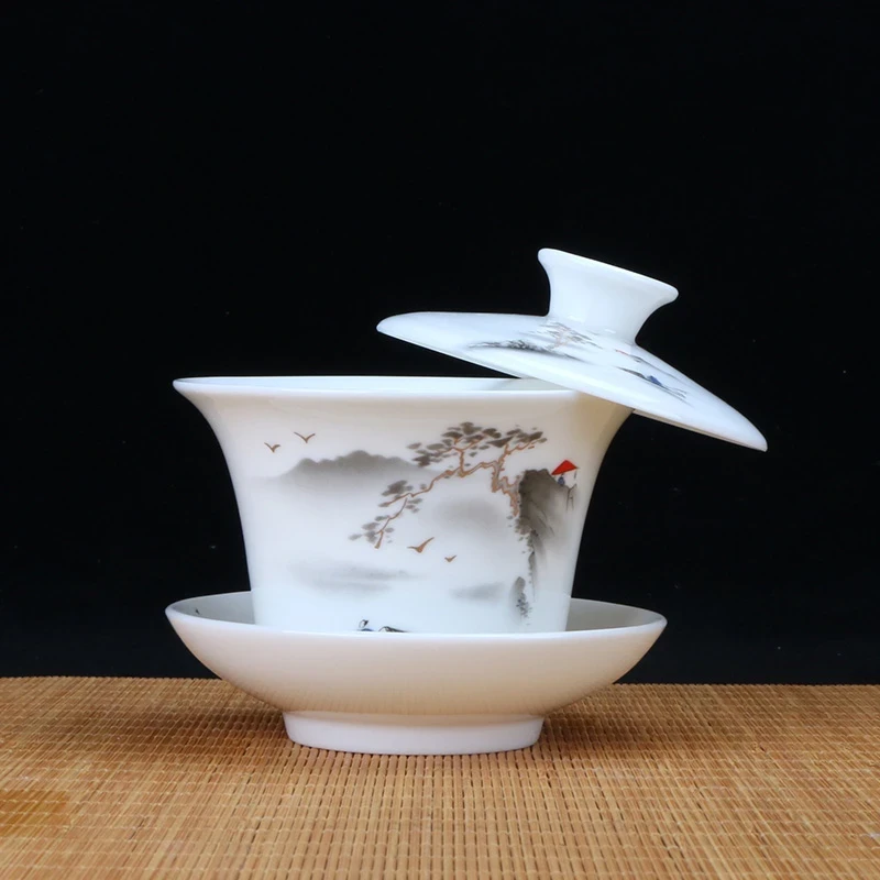 悬停盖碗羊脂玉茶具陶瓷简约瓷盖碗手工白瓷中式复古茶盖碗