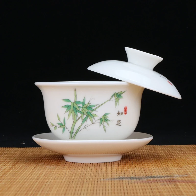 悬停盖碗羊脂玉瓷盖碗陶瓷茶道创意手工带盖茶道摆件盖碗