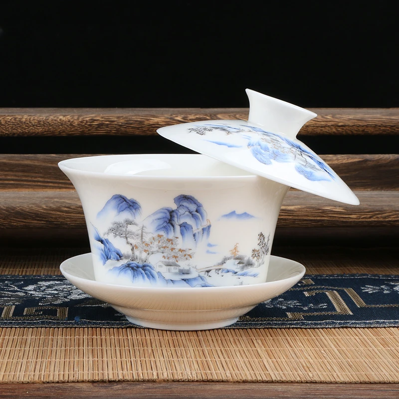 羊脂玉悬停盖碗手工陶瓷茶盖碗大容量大号中式简约瓷盖碗茶道摆件