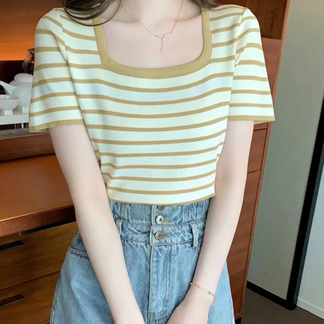 【QY】夏季薄款冰丝条纹方领针织短袖t恤女2024新款短款上衣小衫