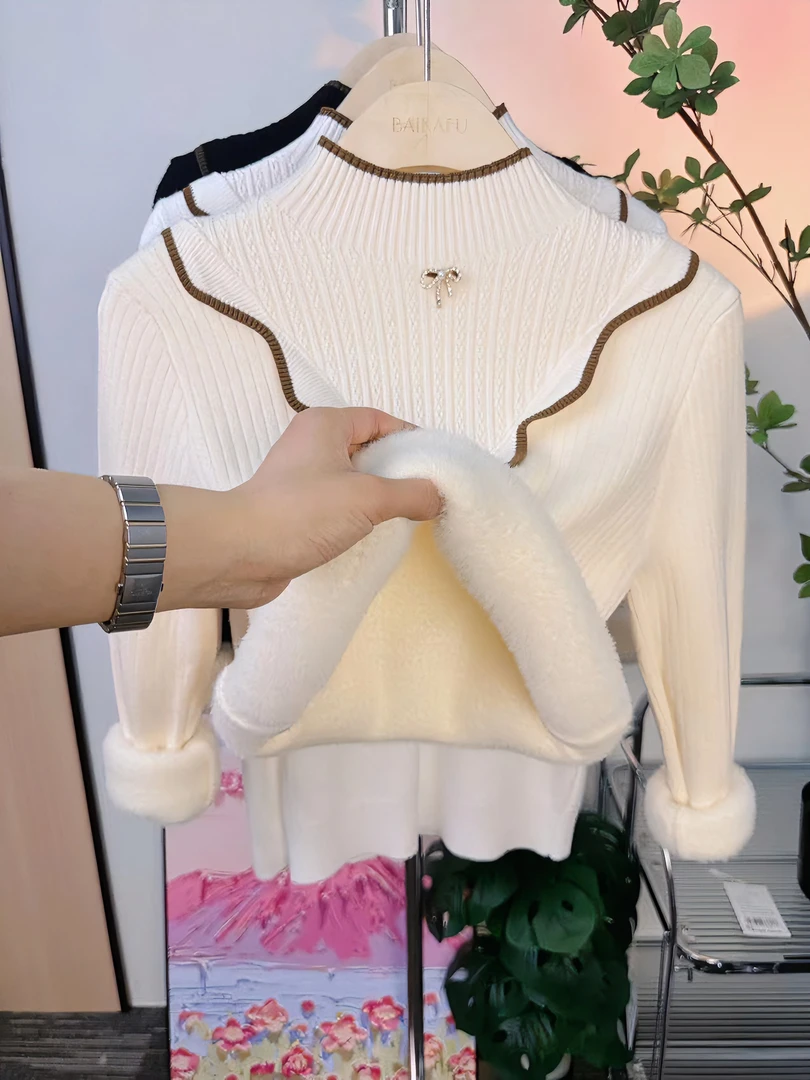 【现货】一体绒现货毛衣女秋冬加绒加厚长袖半高领针织衫打底上衣