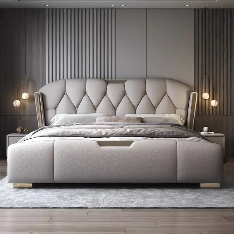 902#头层牛皮轻奢家用简约北欧意式储物主卧室主卧室极简大床高箱