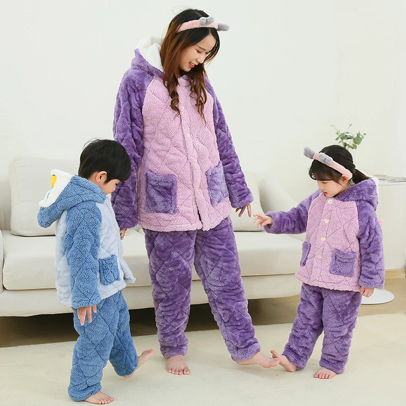 儿童珊瑚绒睡衣冬季加绒加厚款套装女童三层夹棉男童冬款家居服暖