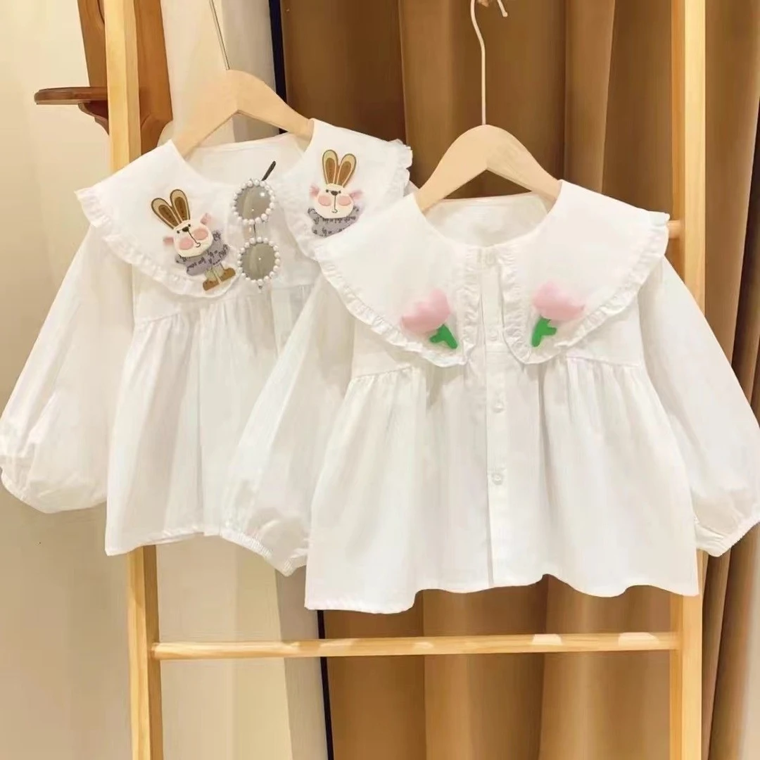 女童娃娃领卡通小兔兔娃娃衫时尚2025上新款百搭打底衬衫上衣衫