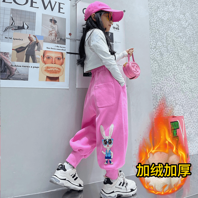 女童加绒裤子秋冬款2023新款洋气加厚运动裤大童冬装炸街儿童卫裤