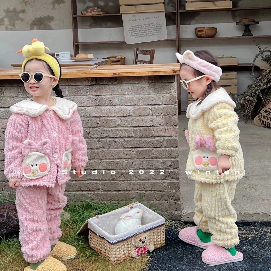 女童可爱外套加绒冬季衣服婴儿女宝宝兔耳朵家居服加厚睡衣套装暖