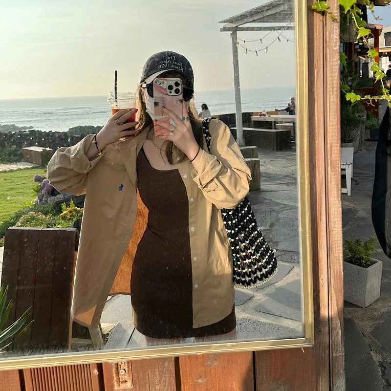 美拉德穿搭柔软水洗全棉刺绣宽松衬衫女百搭RL衬衫外穿女ins风
