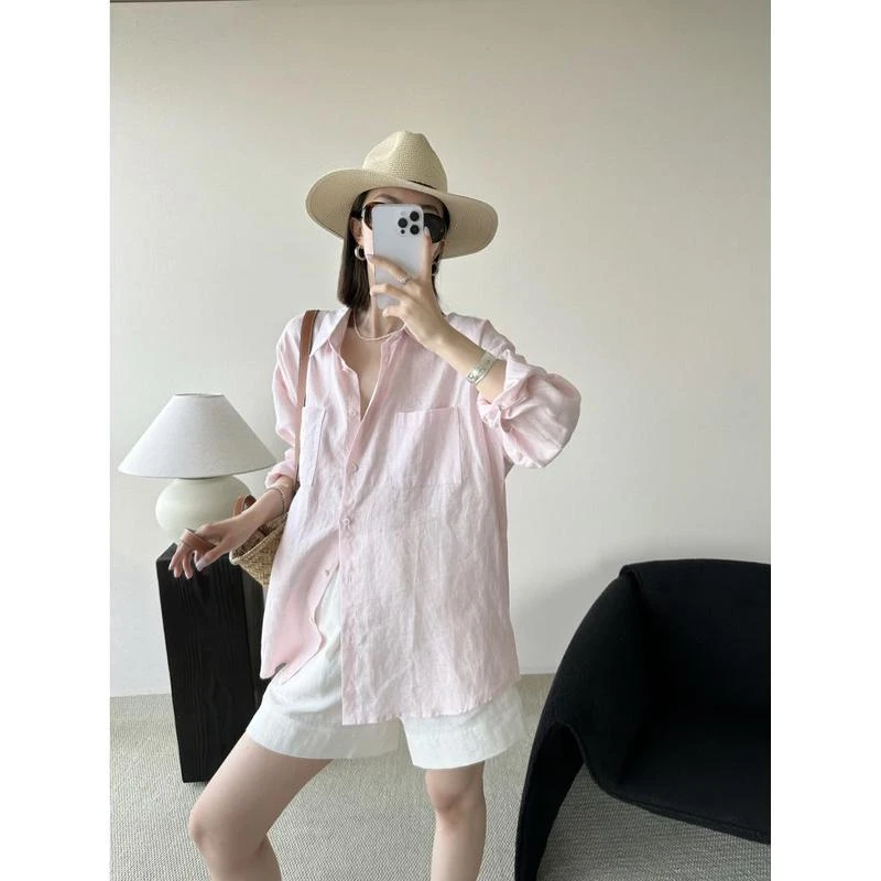 粉色棉麻衬衫防晒衬衫女夏季极简风棉麻轻盈透气衬衣