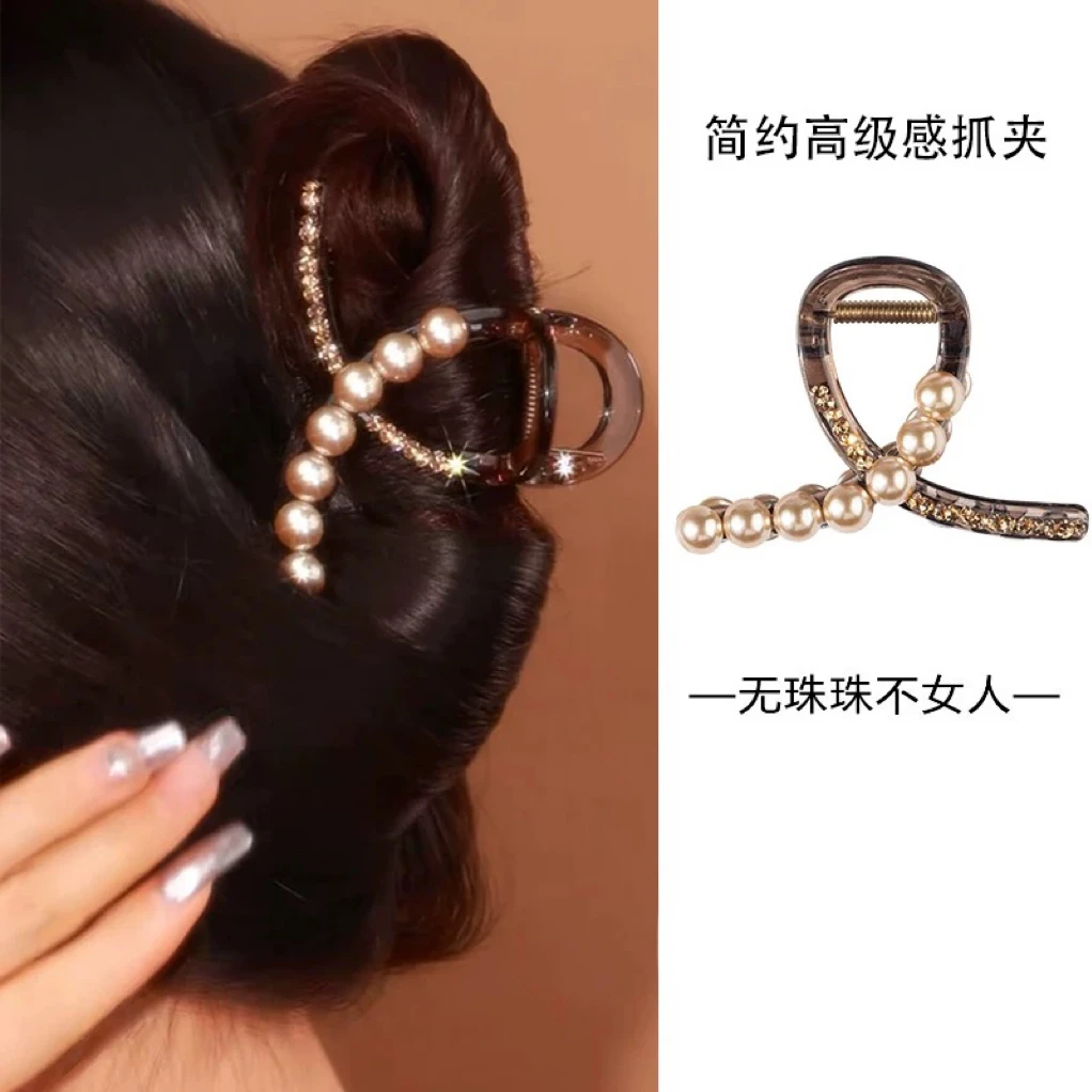 轻奢气质水钻灰色鲨鱼夹精致简约抓夹后脑勺发抓优雅盘发头饰发卡