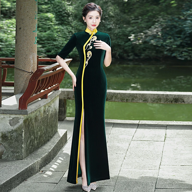 古典旗袍形体礼仪走秀旗袍服女模特演出包臀单开叉舞姿翼云裳花容