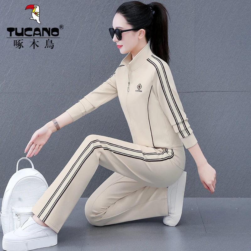 【啄木鸟】立领运动套装女春款中年妈妈洋气显瘦开衫外套跑步休闲服