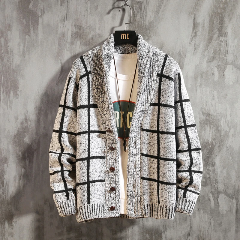 针织衫男开衫外套潮流韩版修身格子毛衣外穿秋冬季慵懒风线衣厚款