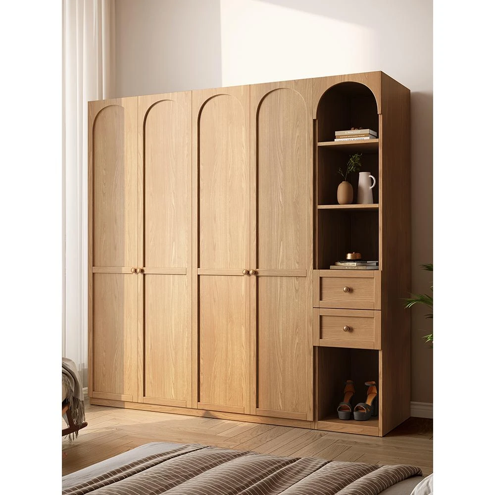 原木色复古风一门到顶衣柜衣帽间家用卧室平开门收纳储物柜大衣橱