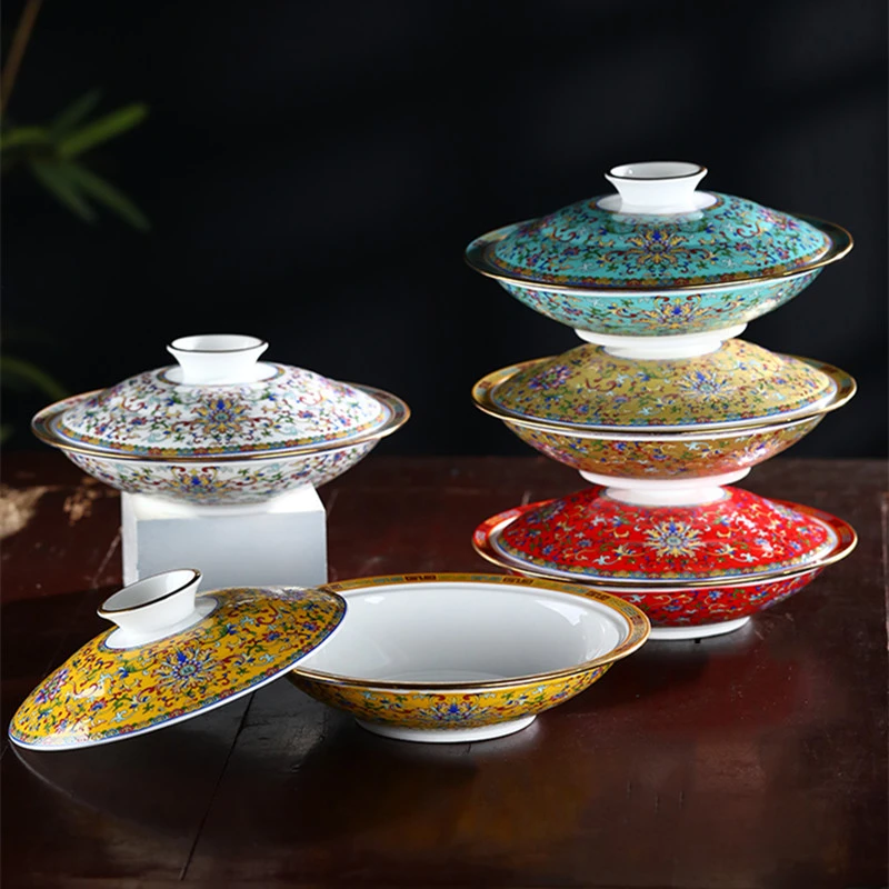 森磊描金边珐琅彩家用中式景德镇骨瓷盘子陶瓷菜盘带餐盘8寸合器