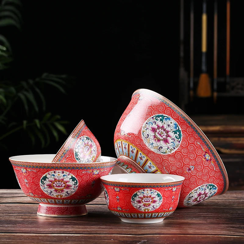 森磊景德镇陶瓷高脚碗中式碗碟套装家用碗单个骨瓷粉彩碗仿古寿碗