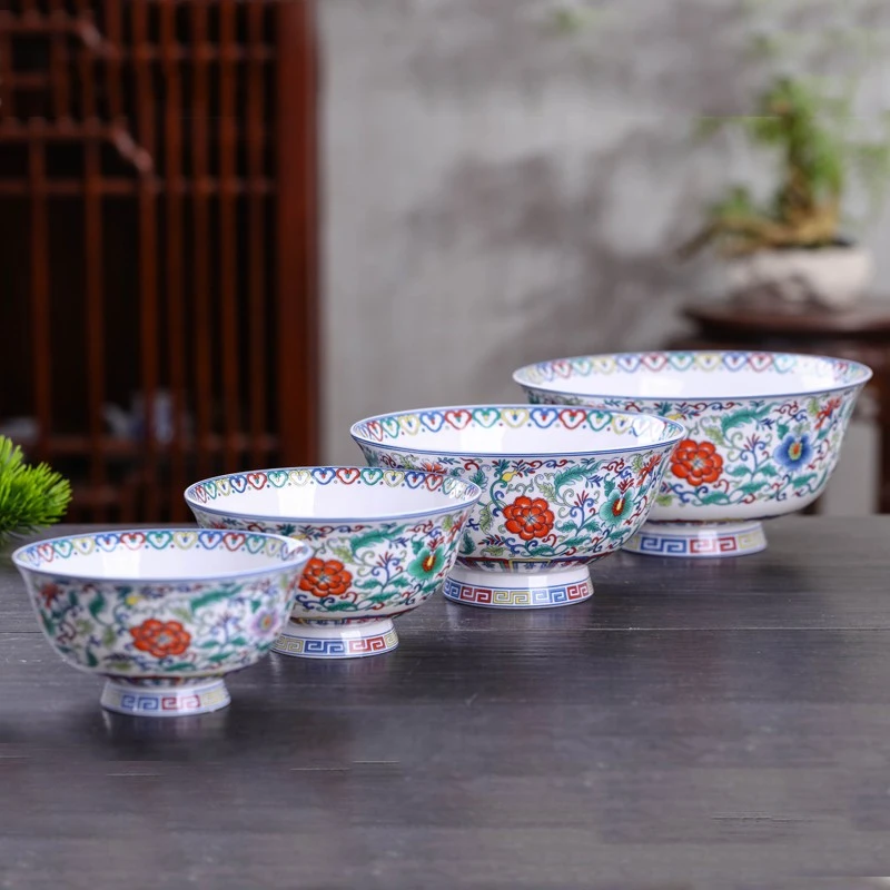 森磊中式陶瓷碗碟套装大号高脚汤碗面碗家用单个米饭碗盘子珐琅彩