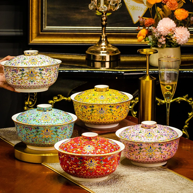 森磊面碗拉面碗中式家用8英寸面条碗带盖碗陶瓷大号碗泡面碗汤碗