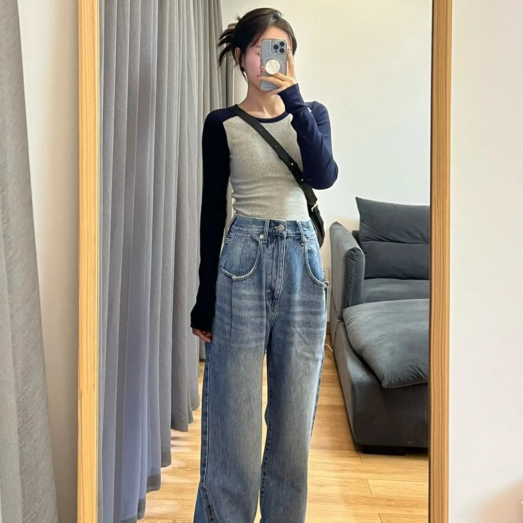 美式螺纹拼接正肩长袖打底衫女秋季内搭紧身短款辣妹t恤上衣百搭