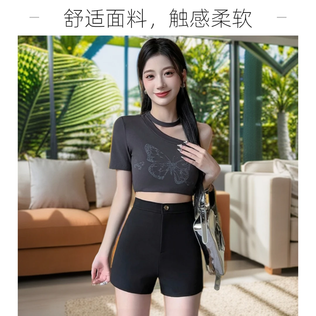 2024时尚夏季弹力柔软高腰黑色短裤