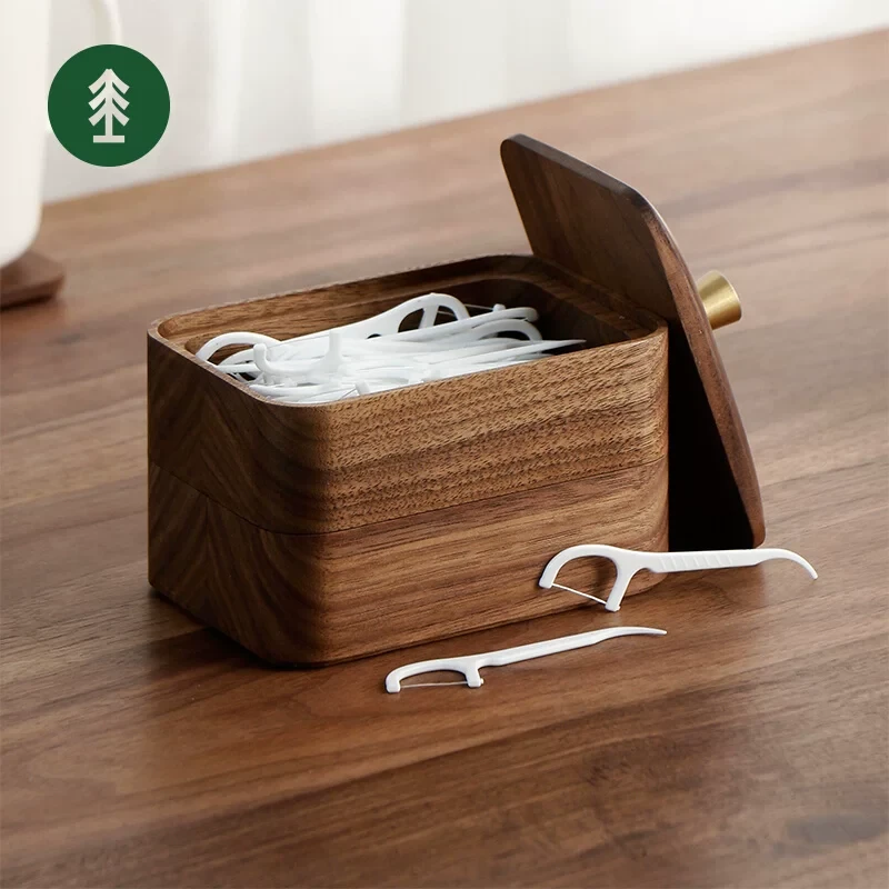 三思工房 胡桃木牙线收纳盒 家用北欧高档牙签筒棉签盒个性创意