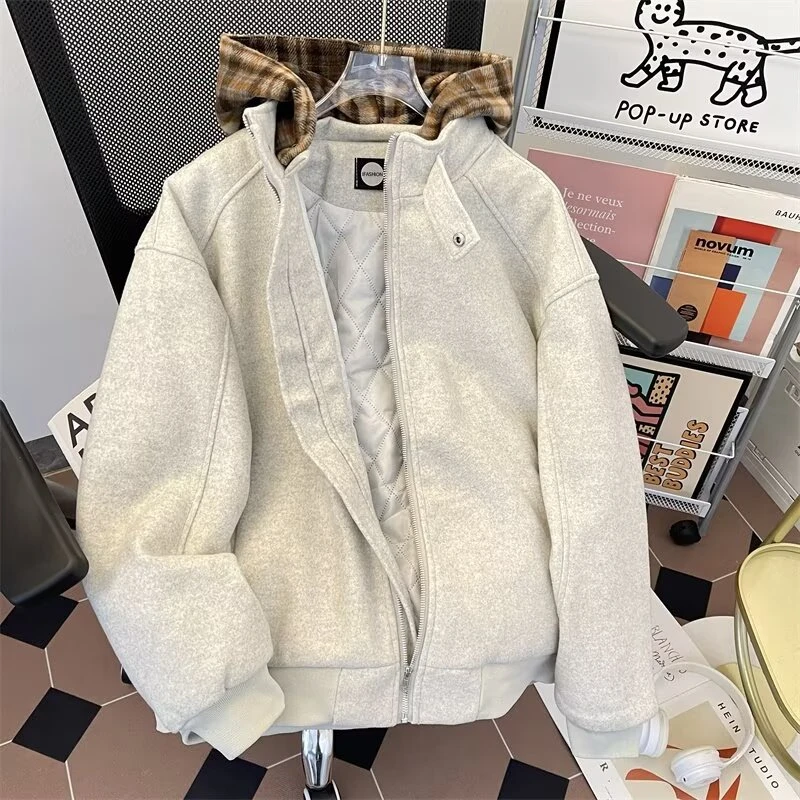 假两件毛呢夹克外套男秋冬季潮牌高街痞帅短款呢子衣加厚连帽棉衣