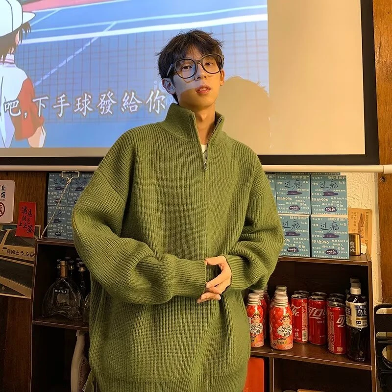 半拉链高领毛衣男士春秋新款日系复古潮牌针织衫休闲纯色线衣外套