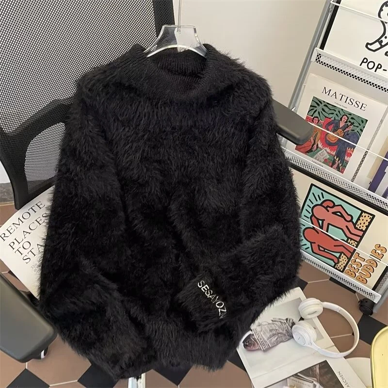 2024秋冬半高领水貂绒毛衣男打底刺绣复古运动休闲潮牌学生针织衫