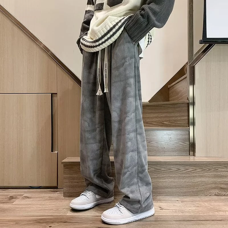 休闲长裤男春秋百搭垂感阔腿扎染灯芯绒男裤潮牌宽松直筒运动裤子
