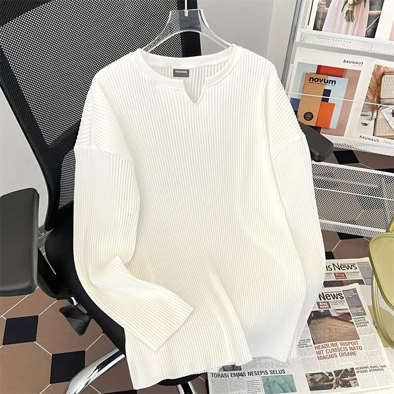 V领褶皱长袖T恤男款内搭纯色简约百搭圆领潮流宽松男装打底衫上衣