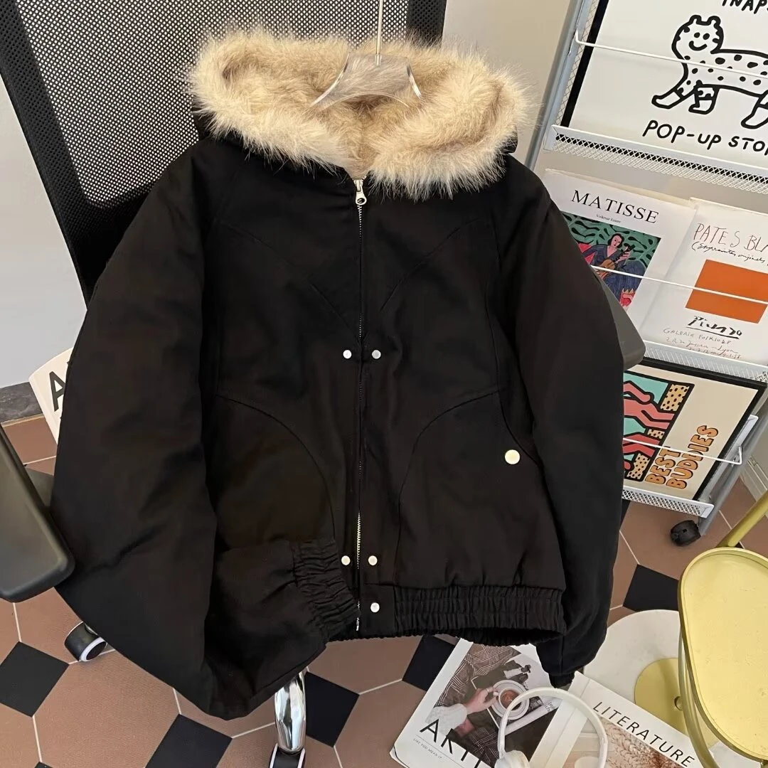 美式cleanfit连帽棉衣男冬季仿貂毛棉袄外套潮流宽松抗寒保暖棉服