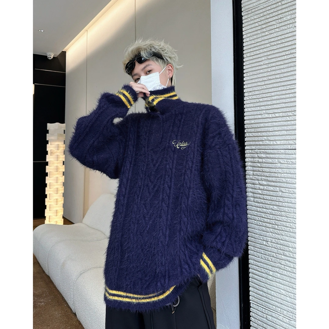 秋冬水貂绒翻领毛衣男套头刺绣提花运动复古青少年休闲潮牌针织衫