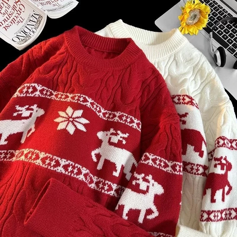 圣诞节麋鹿毛衣男秋冬季慵懒风保暖针织衫上衣潮牌情侣百搭打底衫