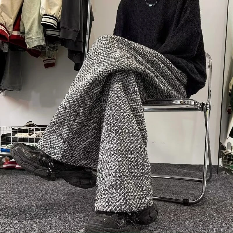 小香风裤子潮牌痞帅炸街男春秋粗毛呢阔腿裤日系慵懒裤高级感