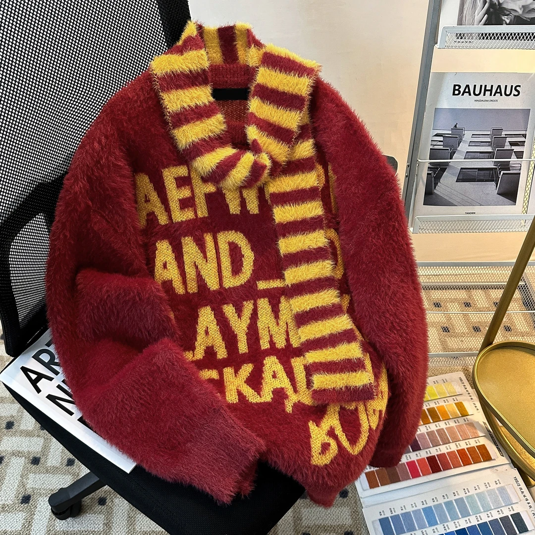 【送围巾】美式复古字母提花毛衣男秋冬季潮牌宽松慵懒情侣针织衫