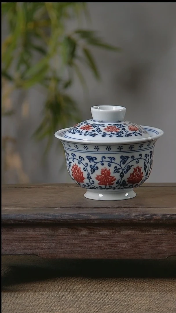 【闪购商品】折葵非器手工手绘青花釉里红缠枝盖碗