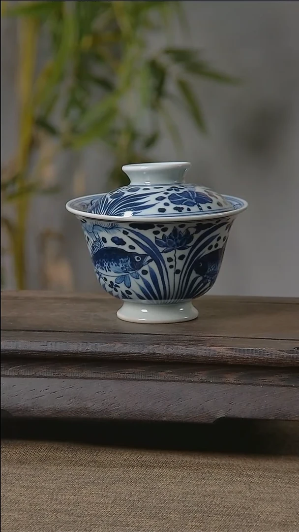 【闪购商品】折葵非器手工手绘鱼藻盖碗大