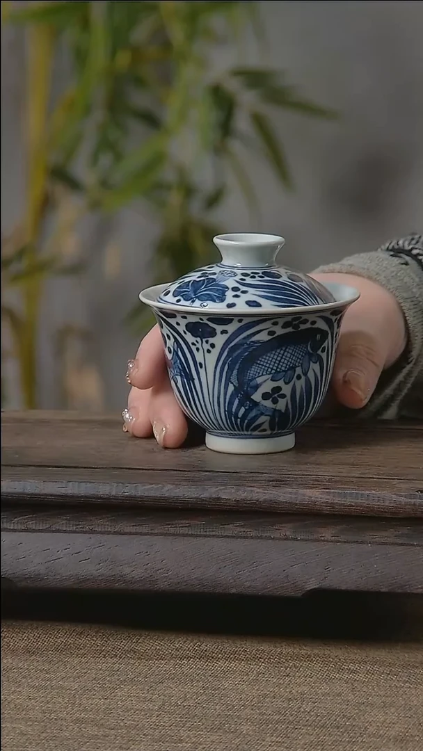 【闪购商品】折葵非器手工手绘鱼藻盖碗小