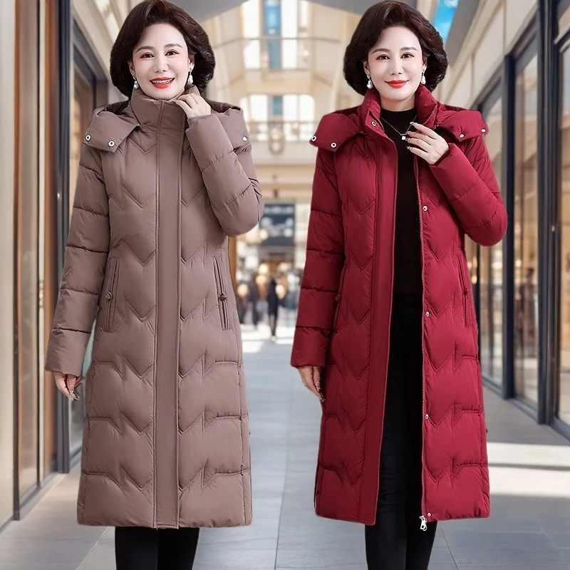 妈妈冬装长款过膝新款加大码中老年冬季外套女时尚保暖棉服200斤