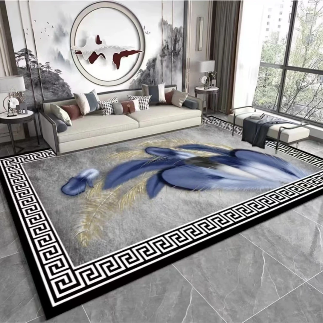 客厅毯 3.5*2米-家用防滑地毯床边毯茶几垫地毯【轻奢蓝羽毛】