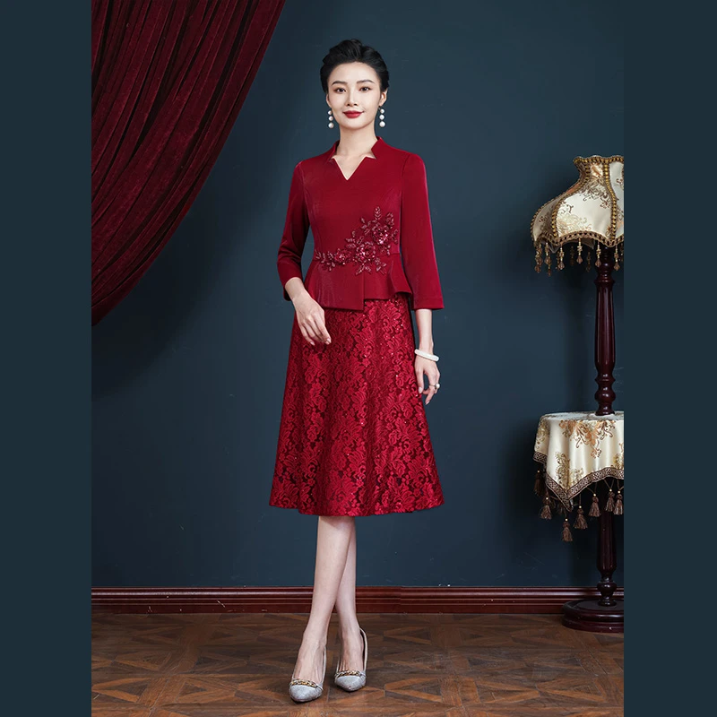 喜婆婆2024秋冬新款高端大气荷花边钉珠透气妈妈装礼服