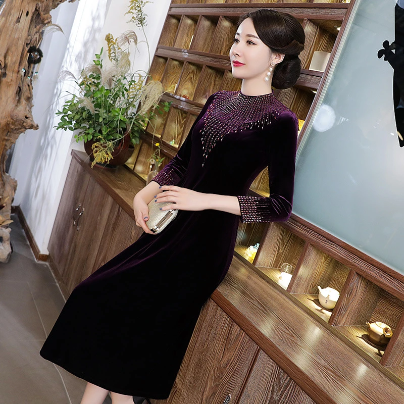 2025新款婆婆妈妈装金丝绒钉珠中长款喜婆婆妈妈装2025新款爆款