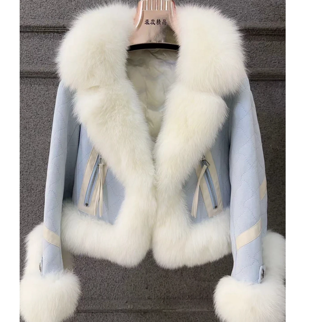 DOUSHEHUI  蓝夕初雪狐狸毛麂皮绒皮草服饰外套「红人上新」