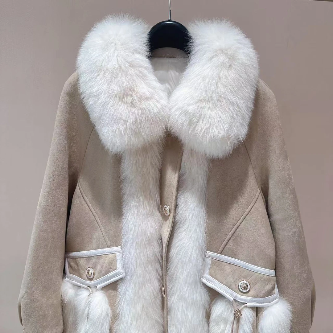 DOUSHEHUI 白狐狸毛麂皮绒服饰皮草外套