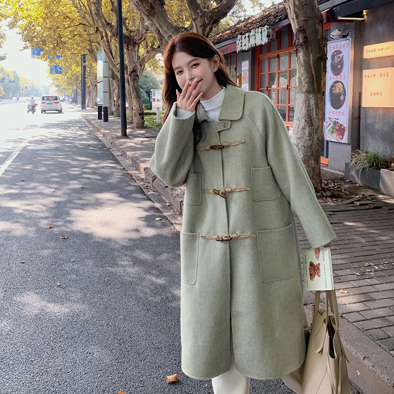 显瘦小个子复古双面宽松中长款加厚2024冬季 绿色长款毛呢外套