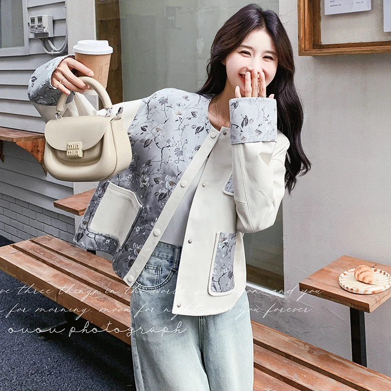 24秋 拼接设计国风皮衣短外套小香风春秋气质小个子牛仔短款时尚