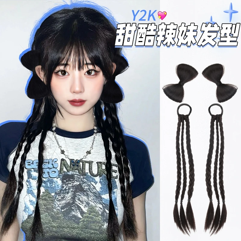 y2k假发辫子马尾网红女千禧辣妹蝴蝶结麻花拳击辫假发鞠婧祎同款