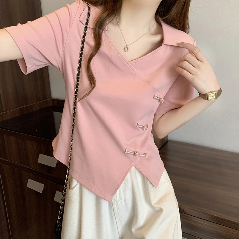 短款T恤显瘦修身拼接V领纯色小众夏季大码款不规则t恤女款