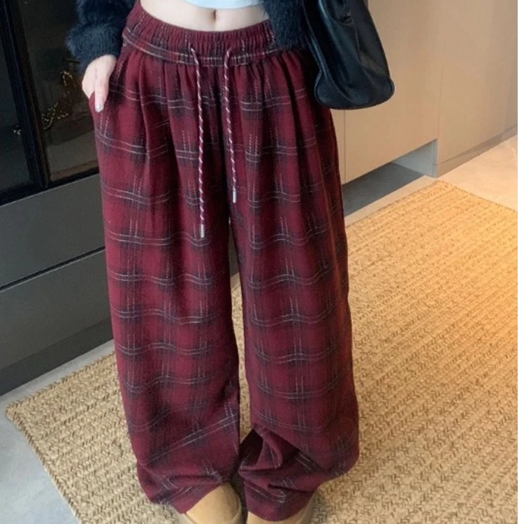 加绒加厚格子收腰系带裤#418